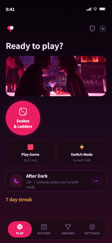 HoneyRoll home screen showing Quick Play, Full Session, Switch Mode and After Dark entry points